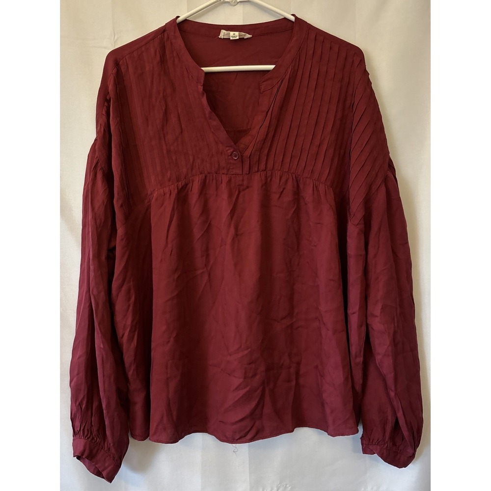 ee:some Pintuck Babydoll  Long‎ Sleeve Blouse Womens M Burgundy Flowy Casual